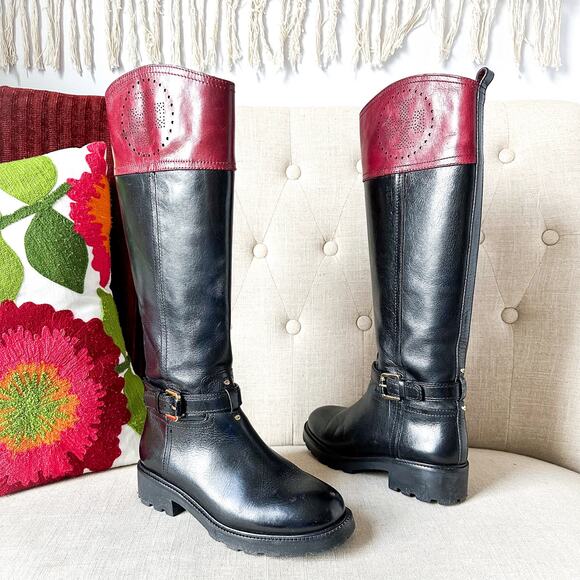 Tory Burch Daniela Riding Boots Leather Black Red 7 M $525 - Picture 1 of 16